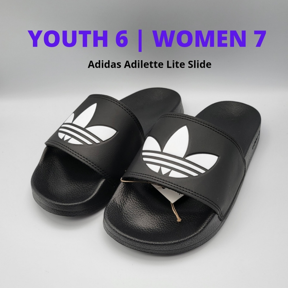 NEW Youth 6 | Women 7 Adidas Lite Slides in Black and White